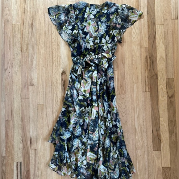 TANYA TAYLOR blaire midi dress linen-silk floral ruffle flutter faux wrap size 6 - Picture 11 of 16